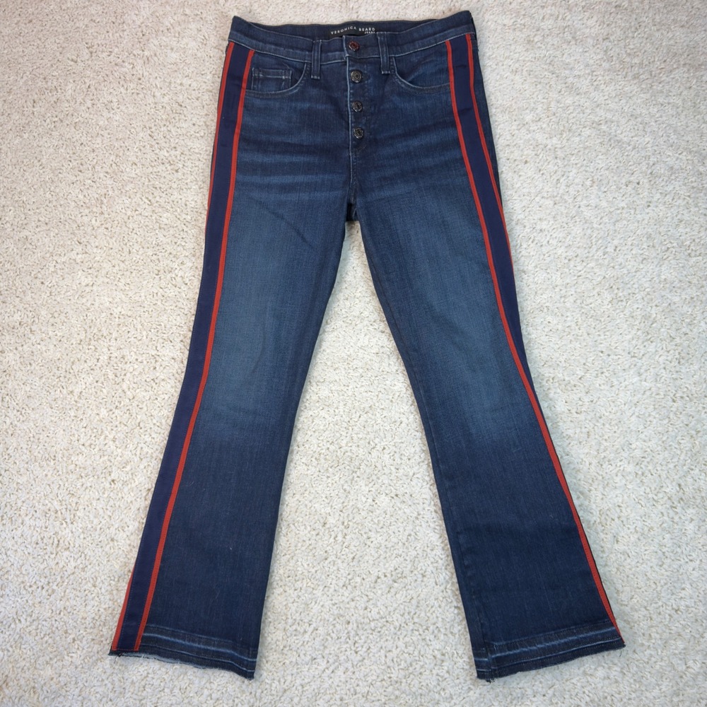 Veronica Beard Carolyn Baby Boot Jeans 28 Midnight Red Navy Stripe J0720003